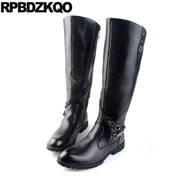 

rock runway shoes black autumn riding punk knee high chunky british style motorcycle waterproof mens leather boots tall metalic