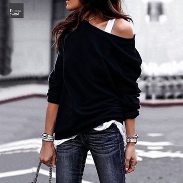 

женщины с длинным рукавом твердая вскользь фуфайки sexy с плеча hoodie сыпучие черный пуловер tops осень зима, Black