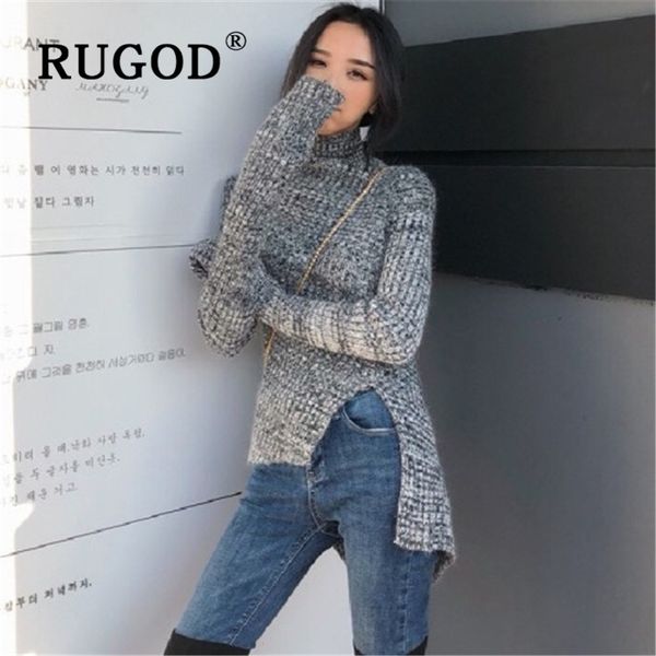 

rugod 2019 new autumn women solid irregular long knitted sweater turtleneck o-neck spilt pullover slim sweater high street shirt, White;black