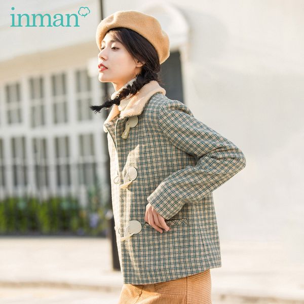 

inman winter literary plush retro lapel horn button check warm all-match short coat, Black;brown