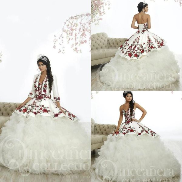 

2020 vintage quinceanera dresses with jacket lace embroidery tiered skirts ruffles ball gown tulle sweet 15 gowns custom made prom wear, Blue;red