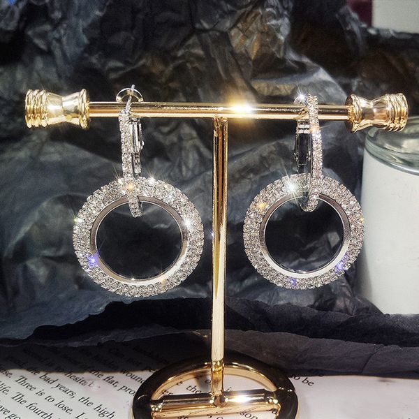 

wholesale-luxury korean style big round earrings women crystal gold silver color rhinestone geometric hoop earrings jewelry gift, Golden;silver