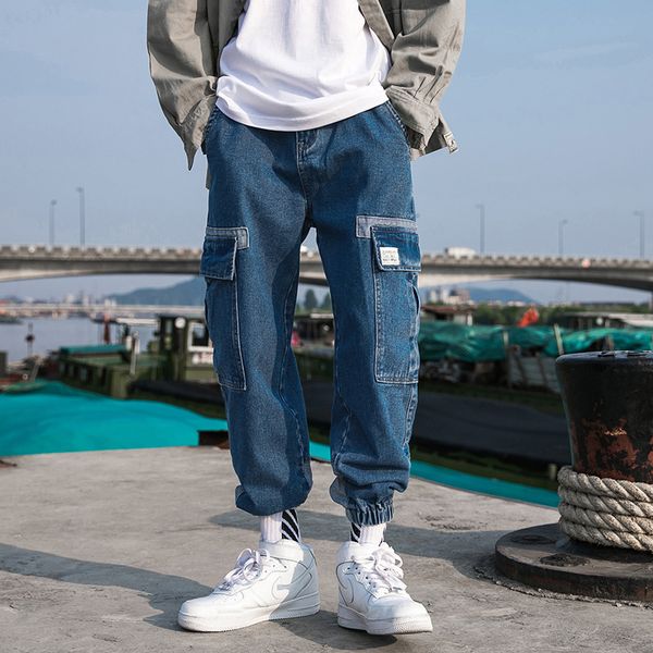 

2019 men's stretch slim fit casual pants classic style cargo pocket jeans black/blue fashion leisure trousers big size -5xl