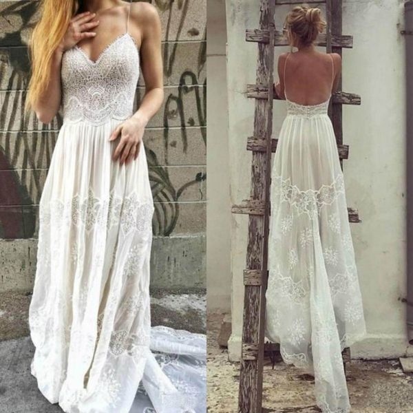 

boho a line wedding dresses spaghetti appliques bohemian bridal gowns summer beach sweep train dress, White