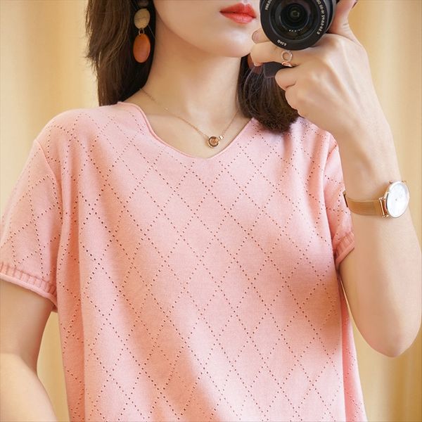 

2020 pure cotton t-shirt women's v-neck hollow short sleeve loose all-match pullover pullover fashionable coat, White