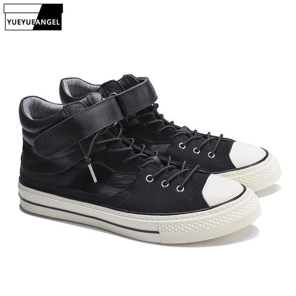 

brand fashion mens high casual shoes genuine leather patchwork canvas joggers sneakers man lace up streetwear trainers shoes, Black