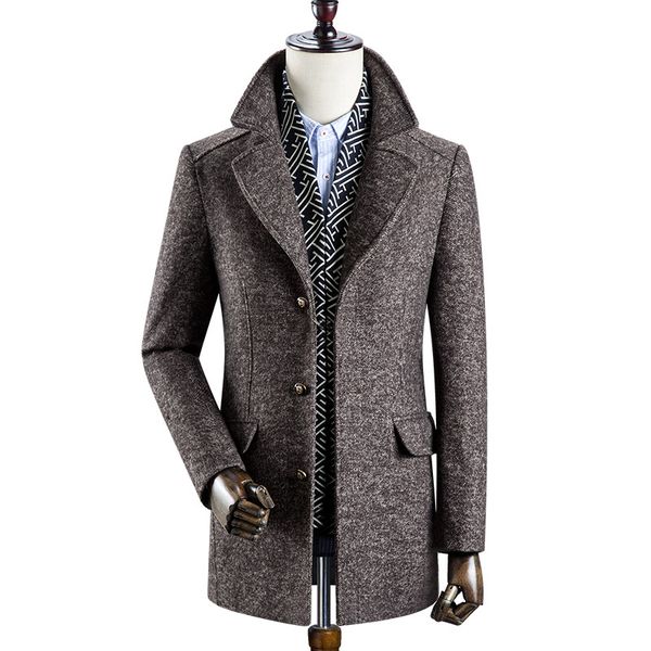 

men's winter new woolen coat men's lapel detachable scarf thickening nizi coat warm woolen, Black