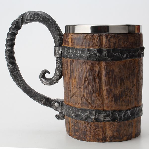 Barril de madeira resina de aço inoxidável caneca de cerveja 3d goblet jogo de cana de café xícara de café de vidro canecas 650ml melhor presente tem presente