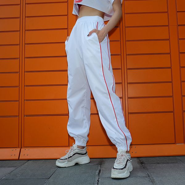 Fashion-Weekeep White Streetwear Cintura Alta Calças Femininas Solta Contraste Cor Moda Suor Calças Mulheres 2018 Lápis Calças Calças Y190430