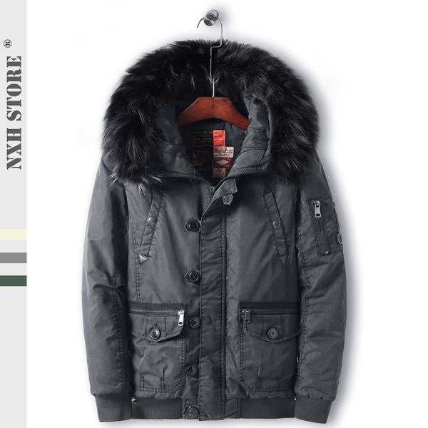 

nxh 2019 new mens hooded parkas thick winter jackets and coats cotton men winter coat cap with fur long coats, Black