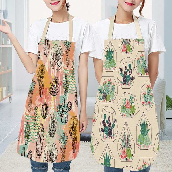 

1pcs tropical plants cactus pattern kitchen apron sleeveless cotton linen aprons home cooking baking bibs cleaning tools