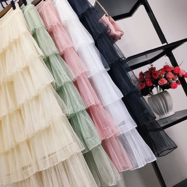 

fashion maxi long cake skirts womens elastic high waist multi-layer mesh tulle skirt women spring summer black skirt falda c6090