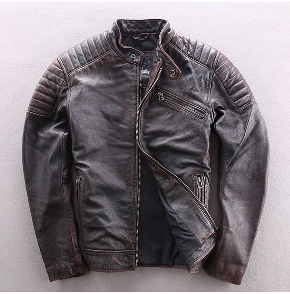 

genuine motorcycle biker jacket man cowhide real leather coat vintage black standing collar slim fit short clothing