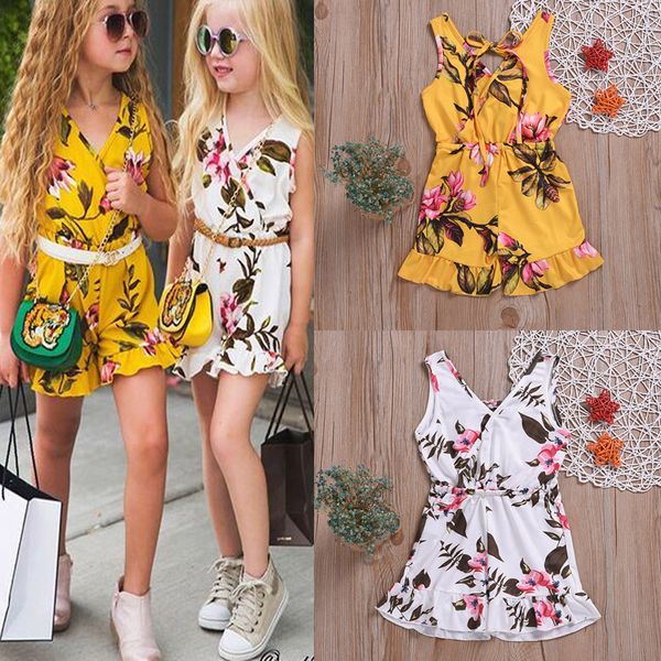 

kids girls floral rompers teens ruffle flowers onesies kids casual clothes girls leisure outfits toddler sleeveless vest jumpsuits 060314, Blue