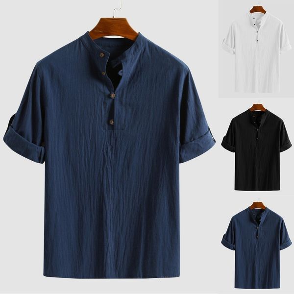 

2019 autumn fashion shirts long sleeve camisa men's baggy linen blend solid color three quarter sleeve stand collar shirts -3xl, White;black