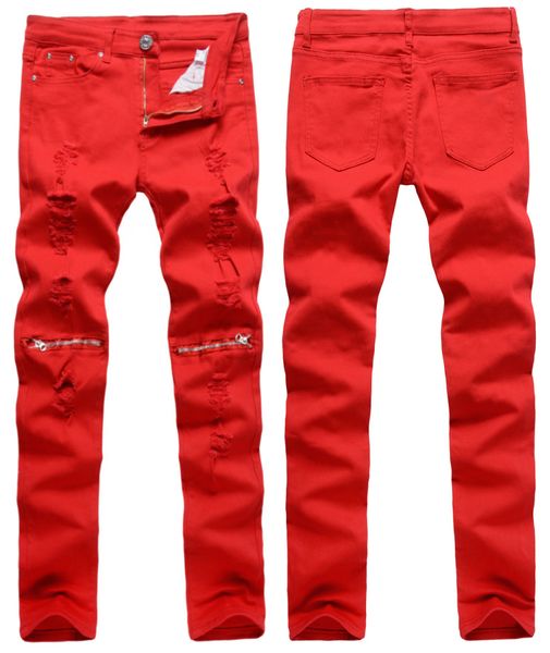 

men's jeans 3 colors mens knee hole zipper elastic slim-fit stretch long denim blue hip hop pants pencil