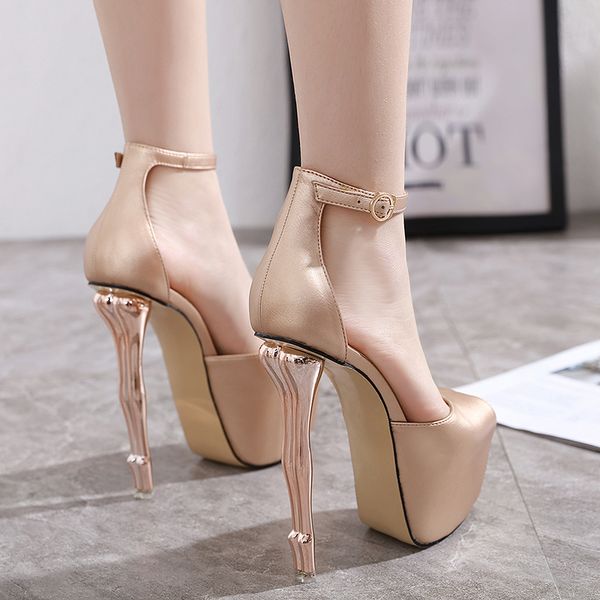 

ankle strap champagne gold shoes luxury women designer high heels 16cm strange gold heels ladies prom dress shoes size 34 to 40, Black