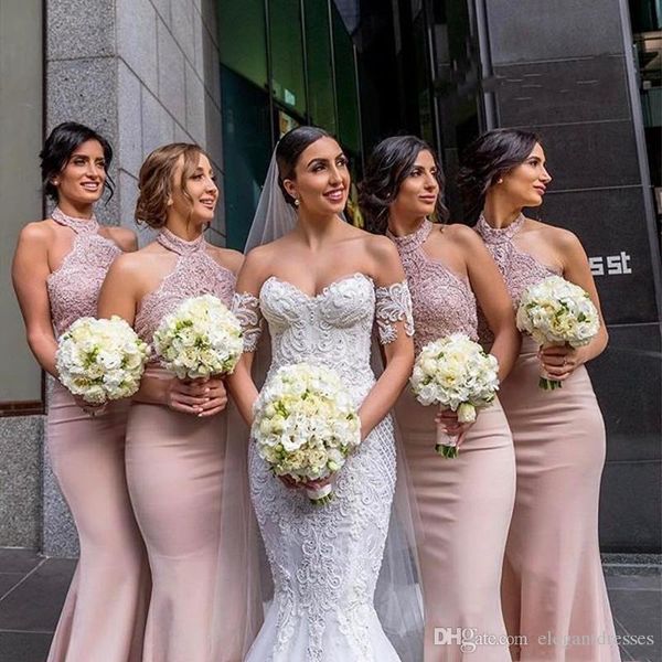 

new high neck slim mermaid bridesmaids dresses long vestidos de bridesmaid lace appliques prom party gowns sleeveless customized, White;pink