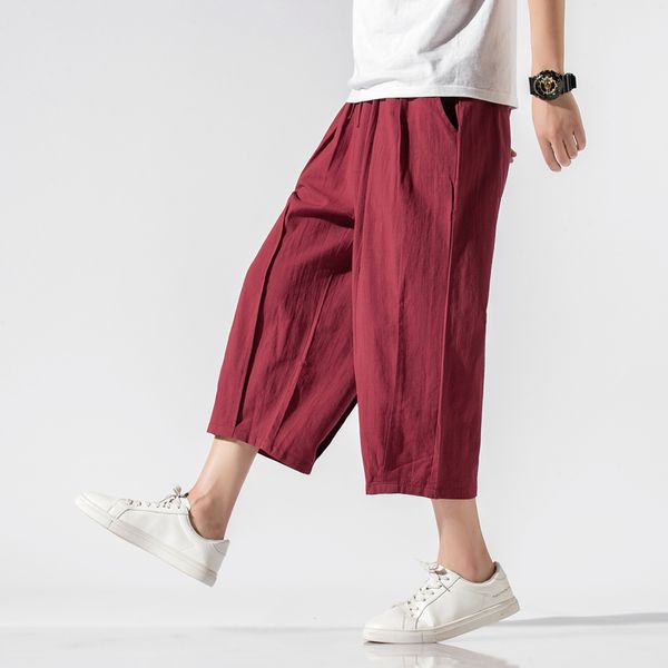

2020 men cotton linen harem pants men loose vintage elastic waist casual red trousers male hip hop baggy calf-length pants m-5xl, Black