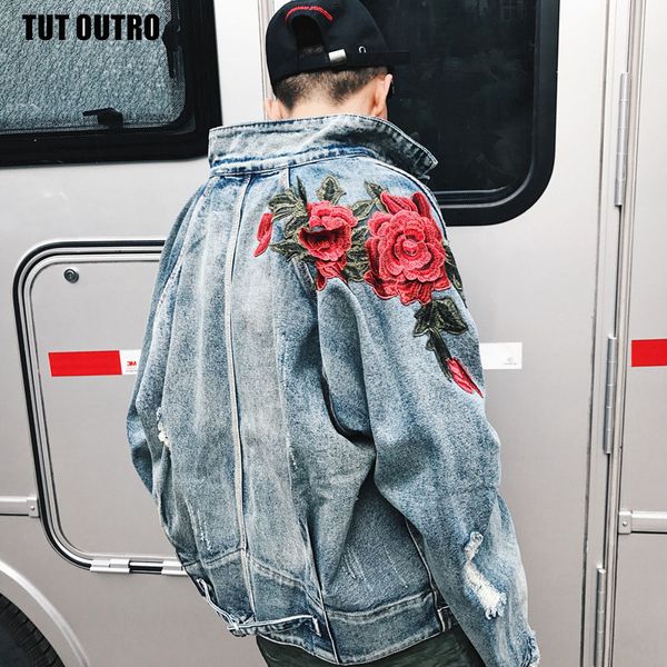 

couple denim men and women coats embroidery autumn roses vintage jacket loose korean peter pan collar jackets, Black;brown
