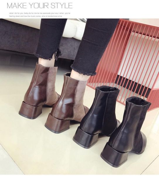 

square toe fashion flock retro women ankle boots concise low platform vintage boots square heel solid big size shoes, Black