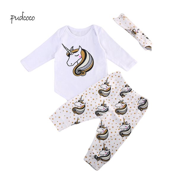 

pudcoco new brand cute newborn baby girls unicorn bodysuit pants headband 3pcs outfits set clothes, Pink;blue