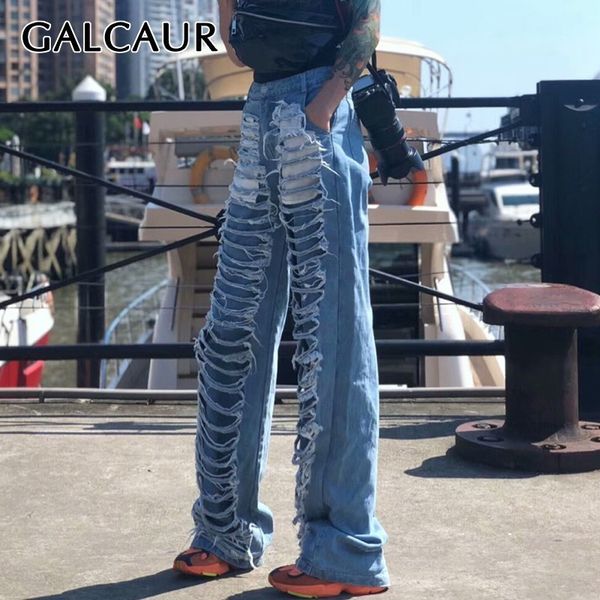 

galcaur casual ripped hole jean for women high waist big size denim wide leg pants female fashion clothes 2019 summer new, Blue