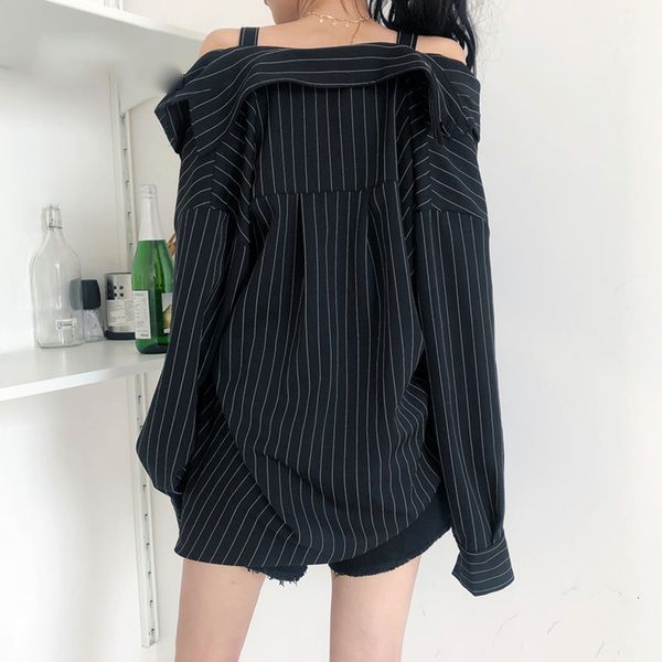

women blouses women clothes womens shirt collar sling vertical stripe strapless blouse new and blouses long sleeve loose korean shirt, White