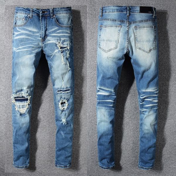 

мужские рваные байкерские брендовые джинсы slim fit мотоциклетный байкер denim 2019 мужские модные джинсы дизайнера хип-хоп мужские джинсы, Blue