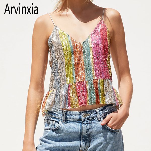 

arvinxia color striped spaghetti strap woman camis new sequined sleeveless ladies fashion outwear bodycon summer camis, White