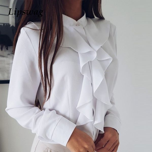 

lipswag elegant office lady solid chiffon blouses women v-neck ruffles blouse shirt summer long sleeve blusa s-xxl, White