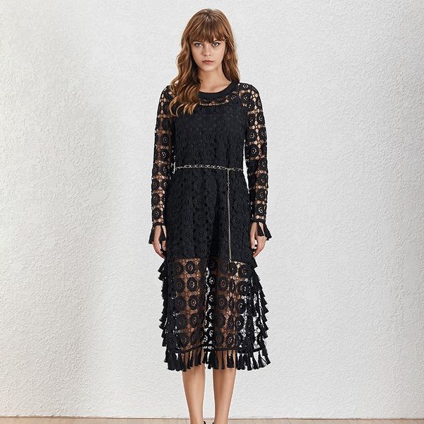 

twotwinstyle perspective ankle length dress for women o neck long sleeve hollow out tassel patchwork female dresses fashion 2019, Black;gray
