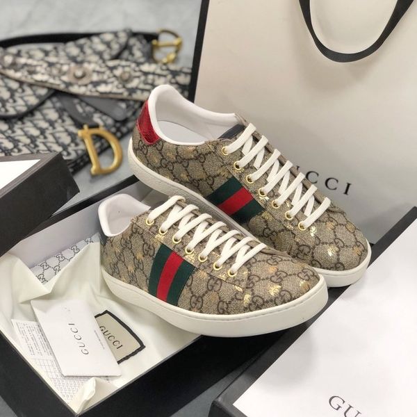 

men's women's ace sneaker with bees strawberry leather sneaker designer shoes women men white shoe with box, Black