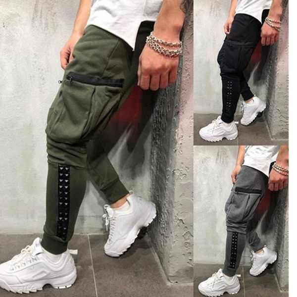 

2019 new style hip-hop small feet personality patchwork leather men's tether workout pants, Black
