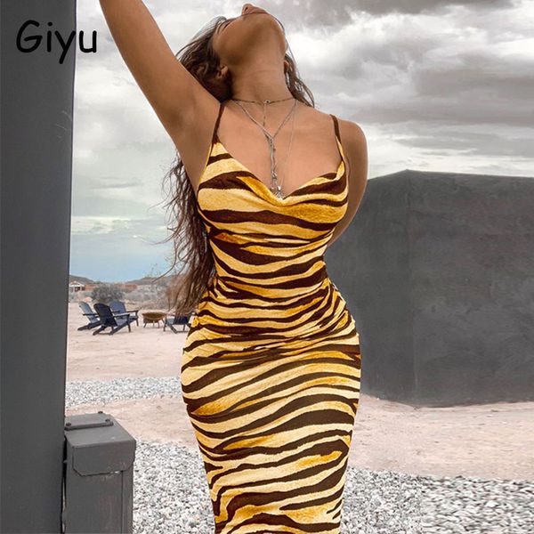 

giyu tigger striped print dress women 2020 summer spaghetti strap backless long club party dresses vintage bodycon vestidos, Black;gray