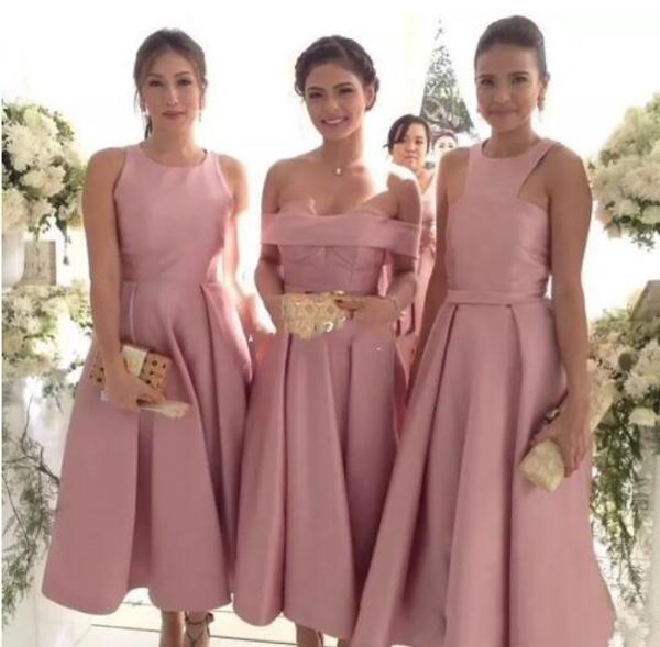 

2020 rose pink short bridesmaid dresses satin jewel neck sleeveless tea length a line maid of honor gown country wedding guest party wear, White;pink
