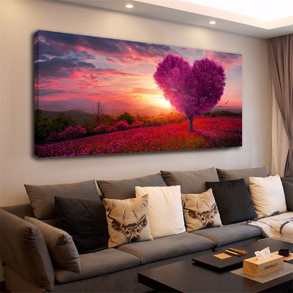 Acheter Encadré Paysage Mur Art Coucher Du Soleil Rose En Forme De Coeur Arbre Toile Peintures Paysage Marin Photos Paysage De Forêt Affiche Pour La