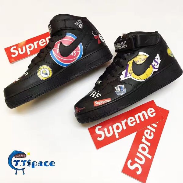 

nÃ¬ke x suprÃ©me x nbÃ aÃ¬r force one 1 mid sneakers for mens womens genuine leather casual sport shoes running shoes boots, Black