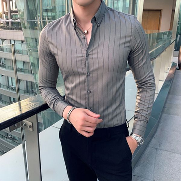 

autumn 2019 new british slim-anti-wrinkle casual shirt men's business striped long-sleeved shirt, White;black