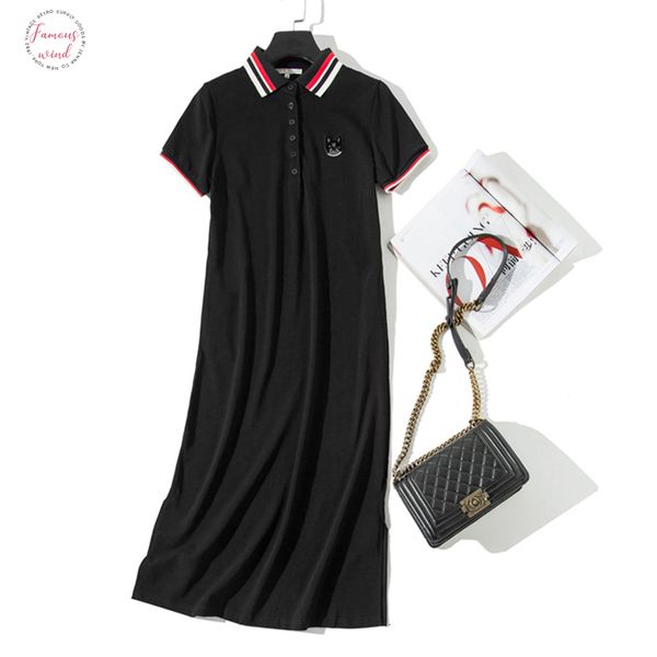 

2019 лето футболка одежды женских cartoon аппликации рубашки платье хлопок turn down воротник straight голеностопной длина платье женской че, Black;gray