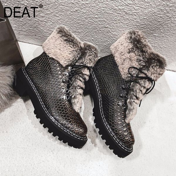 

deat]2019 round toe bandage fish pattern hair pu leather velvet women short boots new autumn winter big size tide 10f045, Black