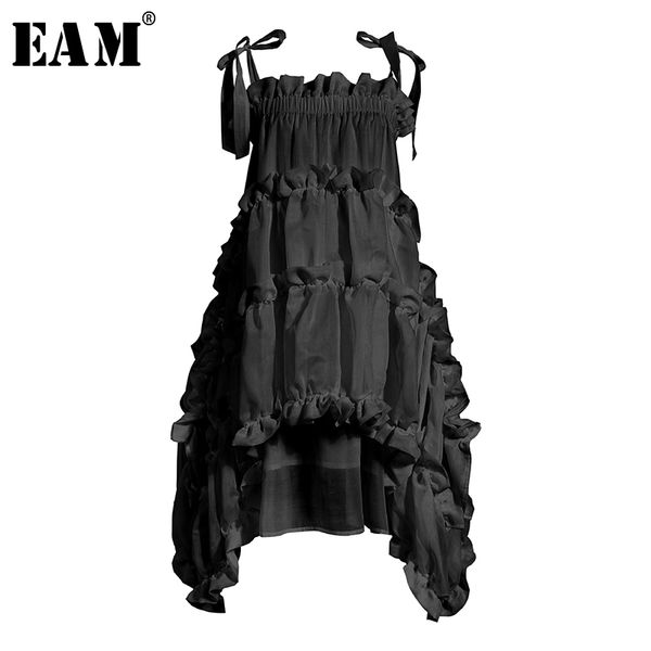 

eam] women irregular ruffles spaghetti strap dress new round neck sleeveless loose fit fashion tide spring summer 2020 1w571, Black;gray