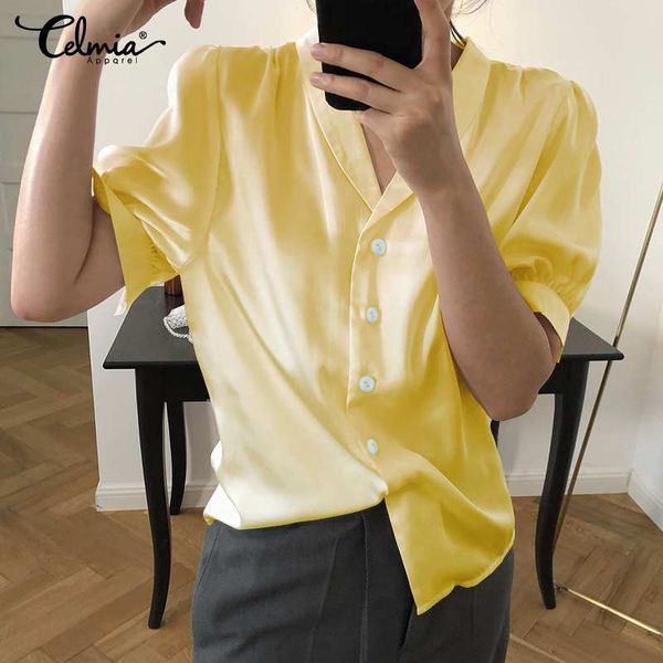 

celmia женщины летняя мода sexy v шеи топы атласная блузка с коротким рукавом элегантные рубашки офис леди повседневный кнопки slik blusas, White