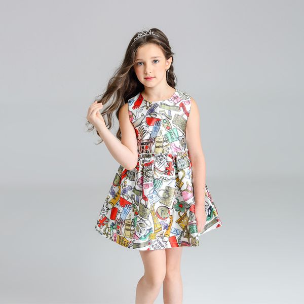 

beauty spring summer girls dress flower sleeveless printing vest dress europe kids children princess pleated dresses