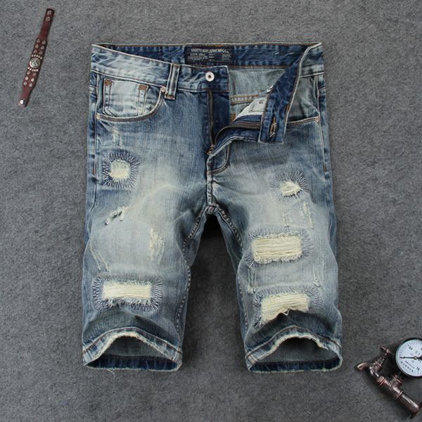 

summer fashion men short jeans white washed destroyed ripped jeans men denim shorts designer streetwear hip hop shorts, Blue