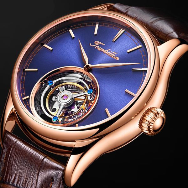 

real watch men skeleton mechanical watch sapphire mens watches rose gold case blue clock men relogio, Slivery;brown