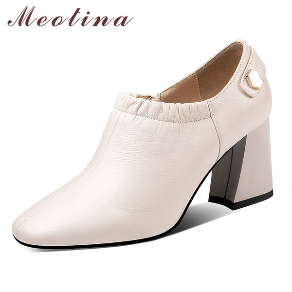 

meotina high heels women pumps natural genuine leather chunky high heels shoes real leather zip square toe shoes lady autumn 39, Black
