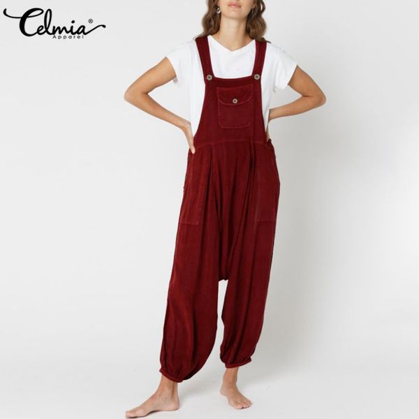 

celmia summer plus size jumpsuits fashion women drop-crotch rompers casual sleeveless suspender pockets loose overalls playsuits, Black;white