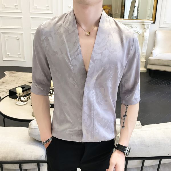 

summer fashion man v lead jacquard weave leisure time short sleeve men shirt mens linen shirts casual slim fit, White;black