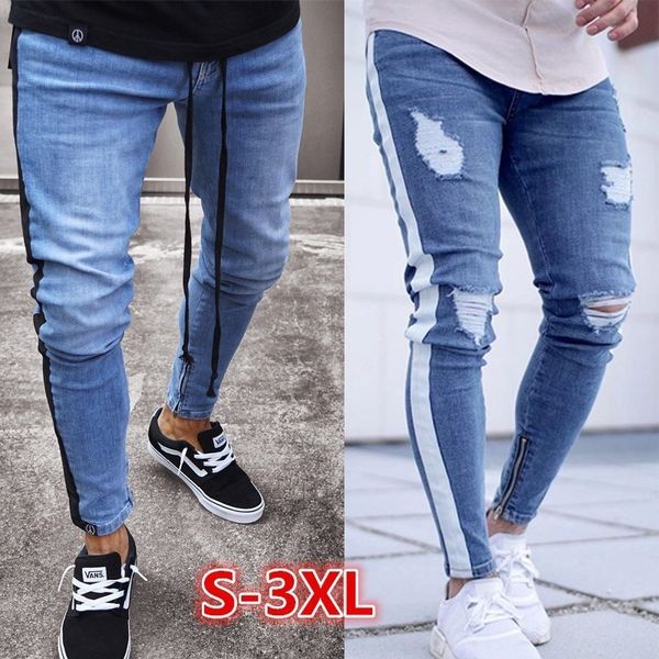 

2018 new men fashion biker jeans denim ripped zipper knee holes slim skinny hip hop side stripe jeans men plus size g3p2, Blue